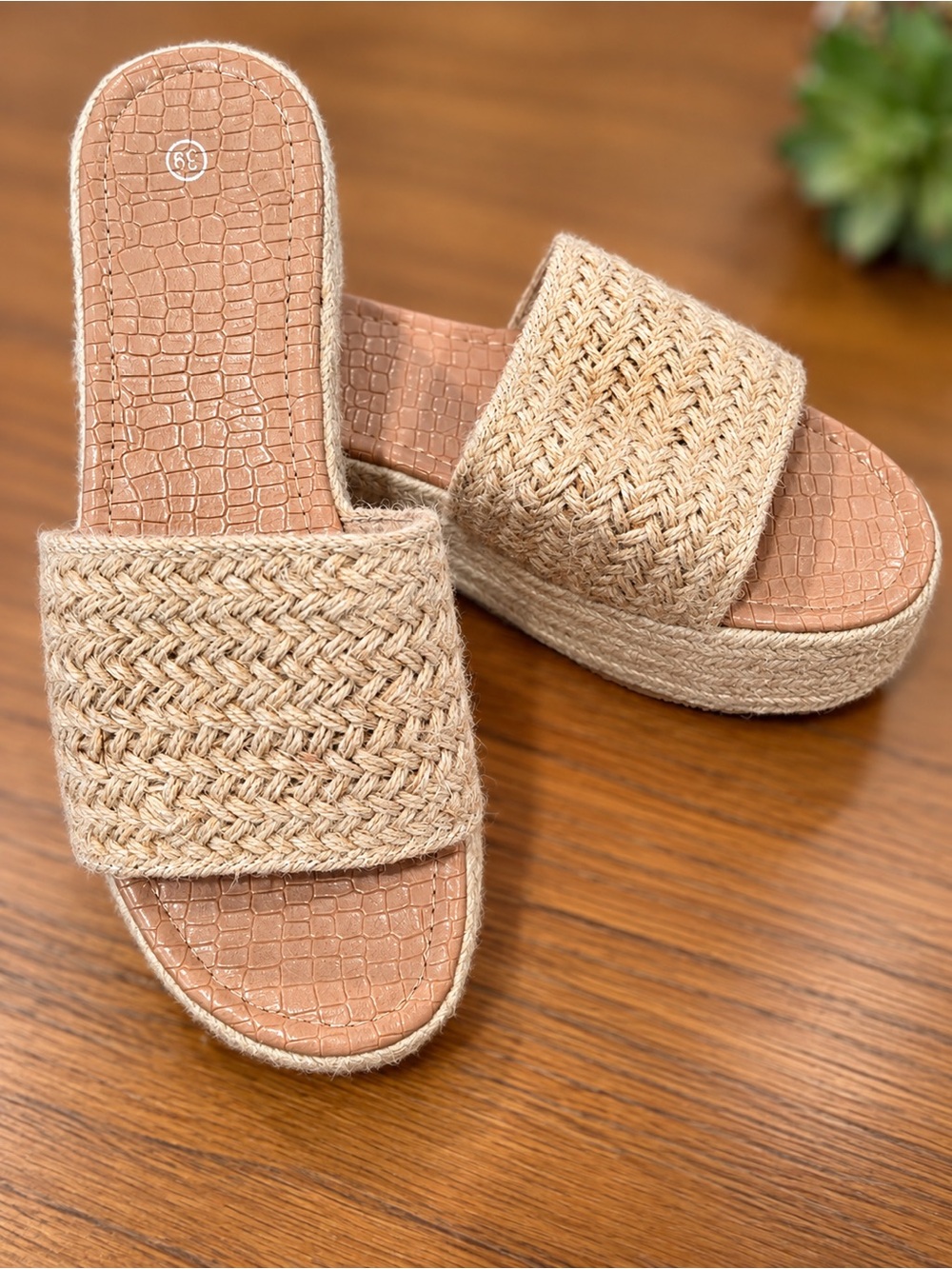Beige Woven Espadrille Platform Slide Sandals Size 39